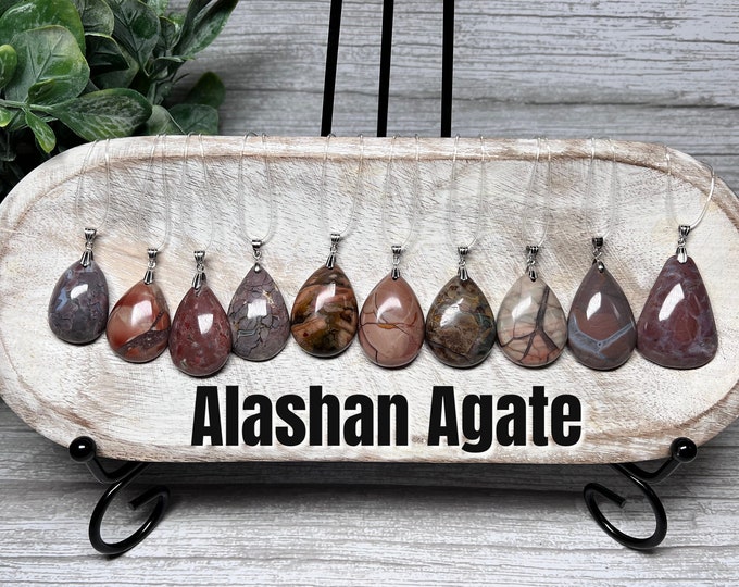 Alashan Agate Pendant, Alxa Agate, Oil Painting Alashan Agate, Tear Drop, 925 Silver Clasp