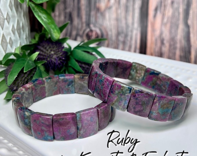 Ruby in Kyanite and Fuchsite Soft Bangle Bracelet, Ruby Kyanite Fuchsite Bracelet, UV Reactive Crystal Bracelet