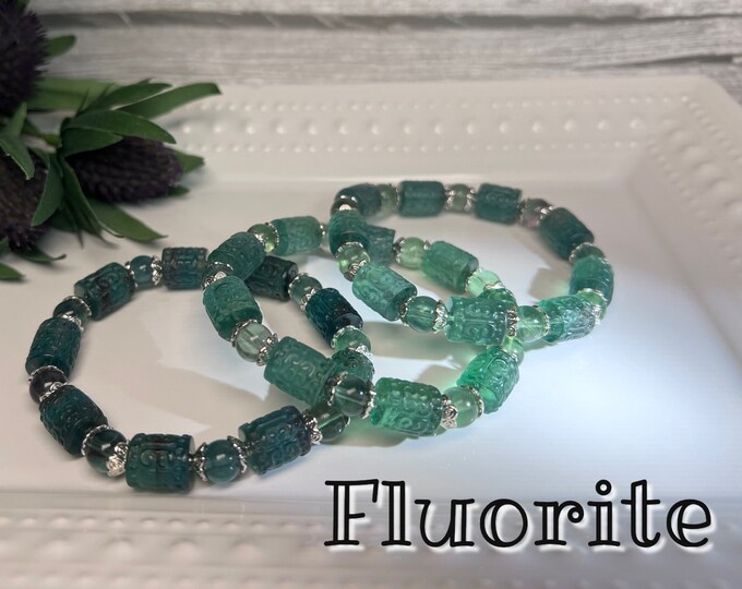 Blue Green Fluorite Bracelet, Barrel Bead Fluorite Bracelet, Fluorite Bracelet Barrel Beads