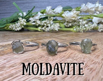 Raw Natural Moldavite Ring, Rough Moldavite Ring, 925 Silver Adjustable Ring Setting