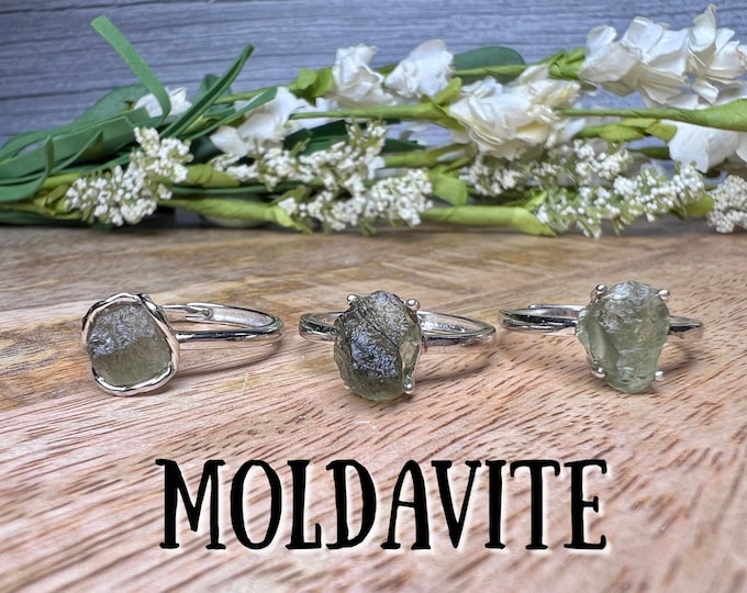 Raw Natural Moldavite Ring, Rough Moldavite Ring, 925 Silver Adjustable Ring Setting