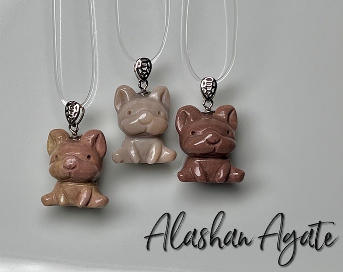 French Bulldog Alashan Agate Pendant, Alxa Agate, Oil Painting Alashan Agate, Carving Pendant, Bulldog Pendant, 925 Silver Clasp