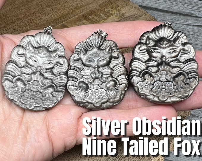 Silver Sheen Obsidian Nine-Tailed Fox Pendant, Obsidian Fox Pendant, Silver Obsidian Crystal Pendant, 925 Silver Clasp