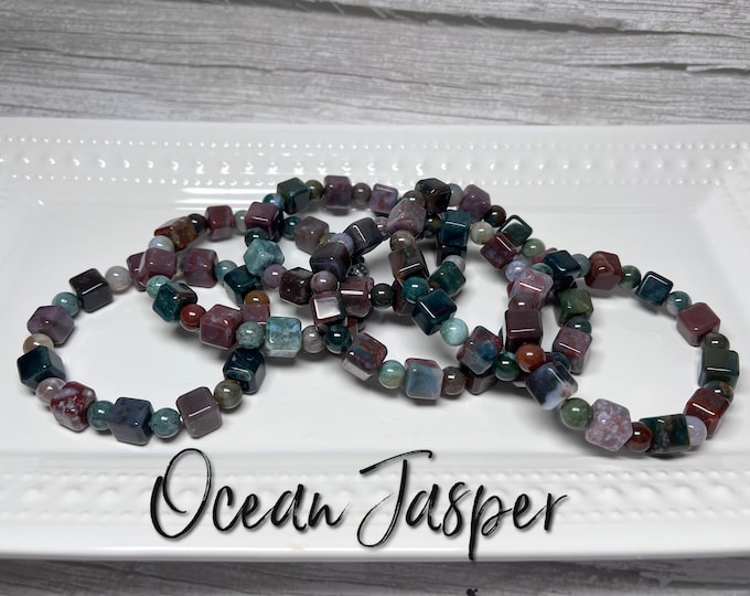 Ocean Jasper Cube Bracelet, Ocean Jasper, OJ Bracelet, Ocean Jasper Crystal Bracelet, Cube Beads, Round Beads