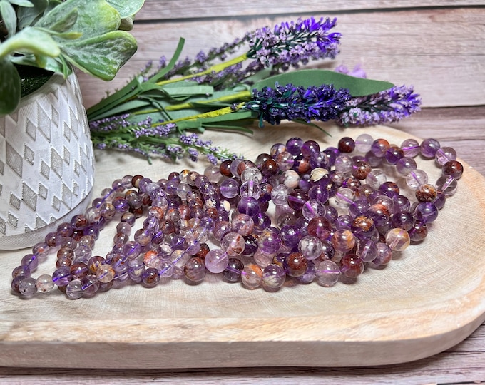 Cacoxenite Quartz, Purple Phantom Amethyst, Purple Garden Quartz, Round Bead Crystal Bracelet