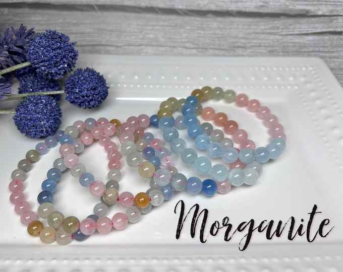 Morganite Bracelet, Beryl Morganite Aquamarine, Round Bead Bracelet, Stretchy Bracelet