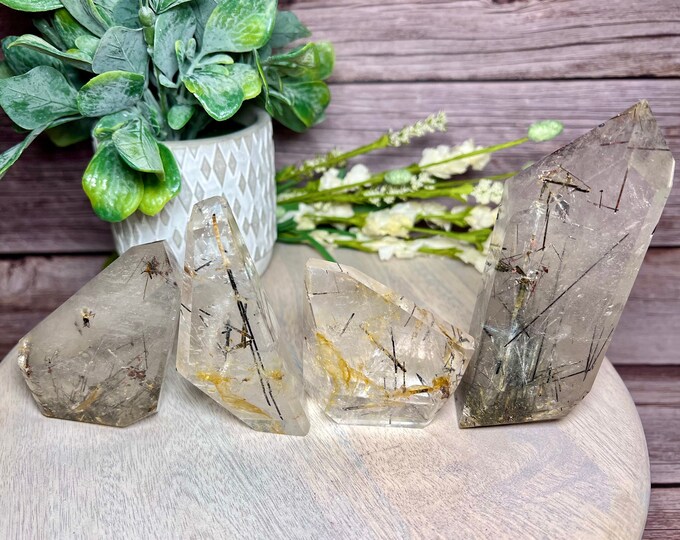 Black Rutilated Quartz, Black Tourmaline in Quartz Freeform, Black Rutile, Self-Standing,  Golden Healer Inclusions, Rainbow Inclusions