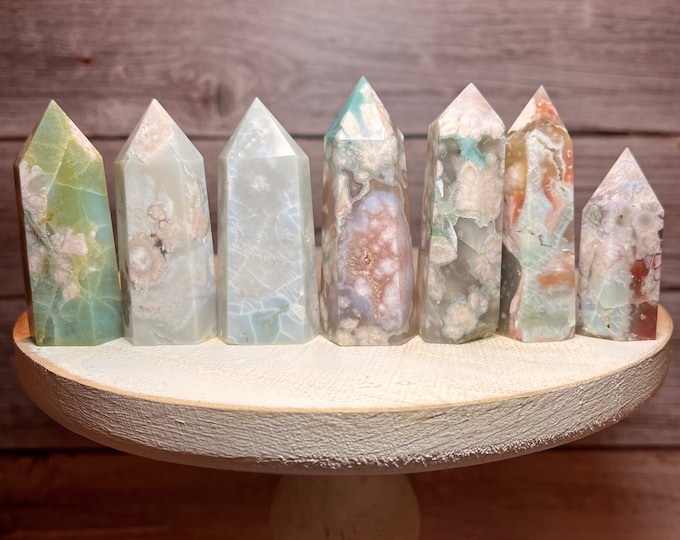 Green Flower Agate Tower, Pink Flower Agate Point, Cherry Blossom Agate - 100% Natural