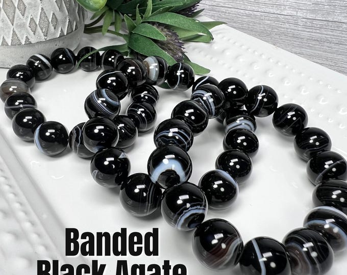 Banded Black Agate Bracelet, 14mm Round Beads, Agate Bracelet, Grounding and Protective Crystal