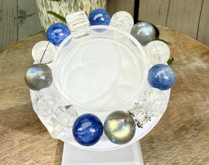 Blue Kyanite + Rainbow Labradorite + Azeztulite + Clear Quartz Crystal DIY Bracelet, White Copper Rhinestone Accent Bead (LLB37)