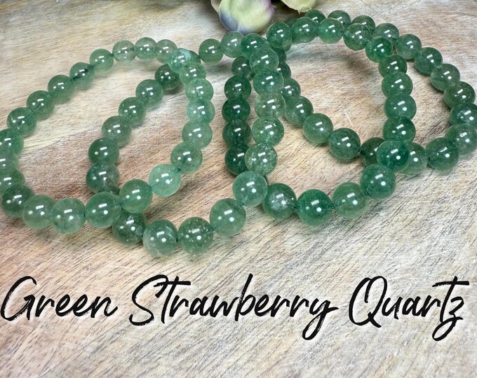 Green Strawberry Quartz Bracelet, Strawberry Quartz, 8-9mm or 9-10mm Round Beads