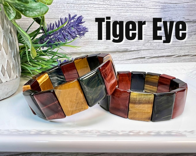 Colorful Tiger Eye Soft Bangle Bracelet, Gold Red Blue Tiger Eye Rectangle Bead Bracelet, Stretchy Bangle Bracelet