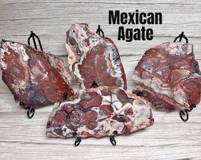 Mexican Lace Agate Slab, Mexican Agate Slice, Polished Mexican Lace Agate - Metal Stand Included!
