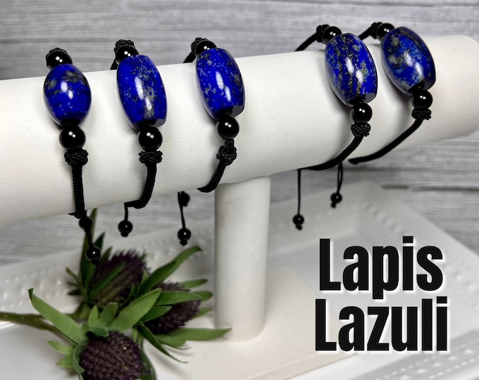 Lapis Lazuli and Pyrite Bracelet, Lapis Lazuli Barrel Bead Bracelet, Adjustable Cord Bracelet