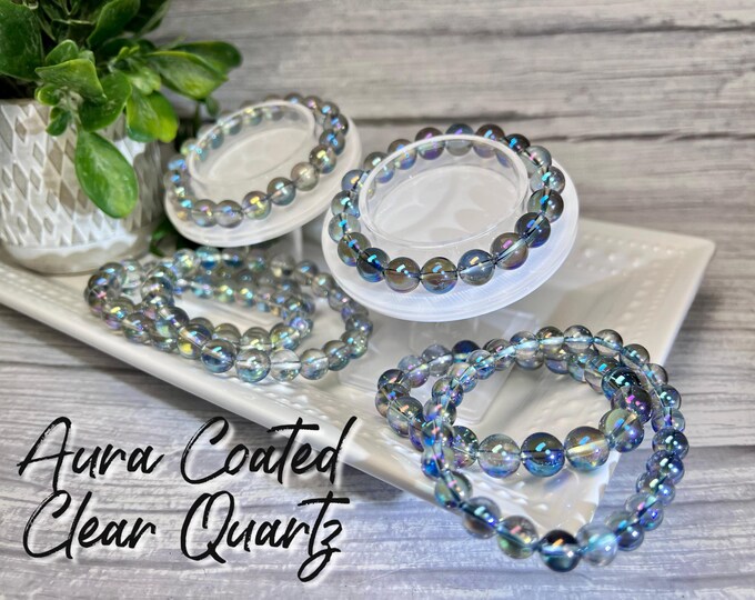 Rainbow Aura Coated Clear Quartz Bracelet, Blue Iridescent Aura Coating over Clear Quartz, 8mm or 10mm Round Beads