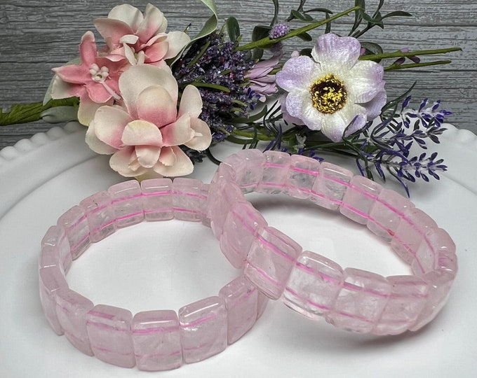 Rose Quartz Bracelet, Rose Quartz Soft Bangle Bracelet, Rectangle Faceted Bead, Stretchy Bangle Bracelet, Natural Clear Pink Rose Quartz