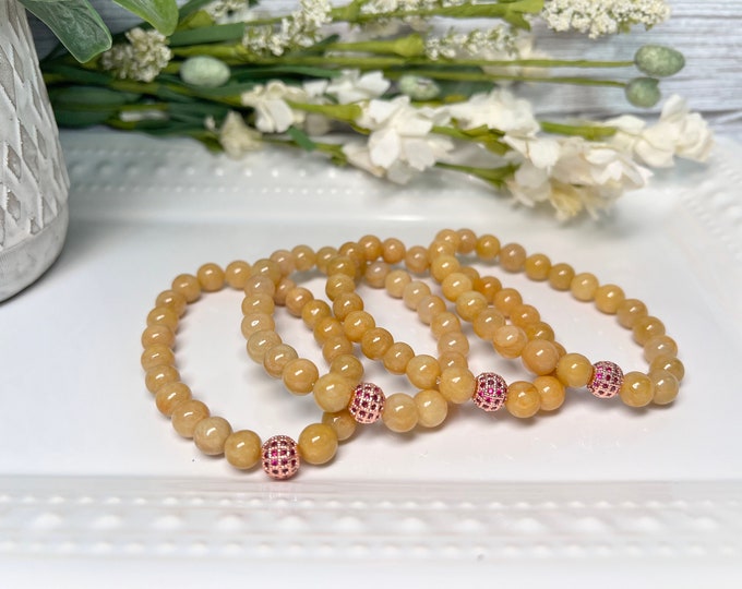 Yellow Jadeite Bracelet with Ornamental Rose Gold Color Bead, Stretchy Bracelet, 8mm Round Bead Bracelet