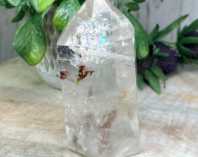 Rainbow Clear Quartz with White Tourmaline, White Tourmaline Quartz Tower, Rutilated Quartz Tower, Rainbow Inclusions