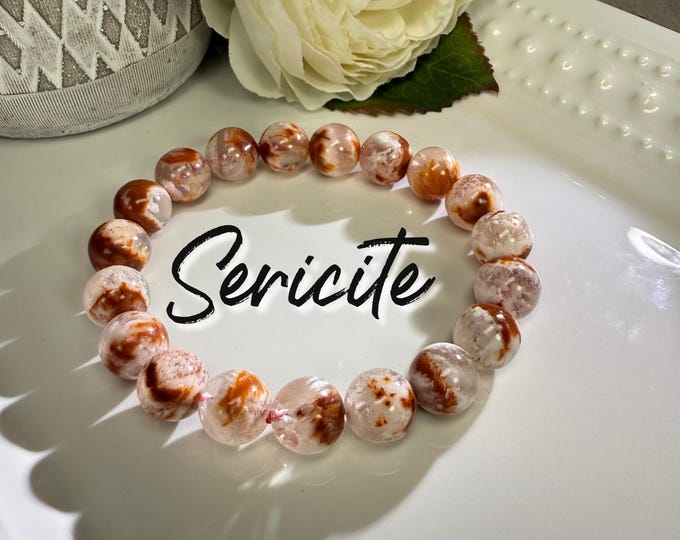 Beautiful Sericite Quartz Bracelet, Orange and Pink Snowflake Garden Quartz Bracelet, 10.5mm Round Bead