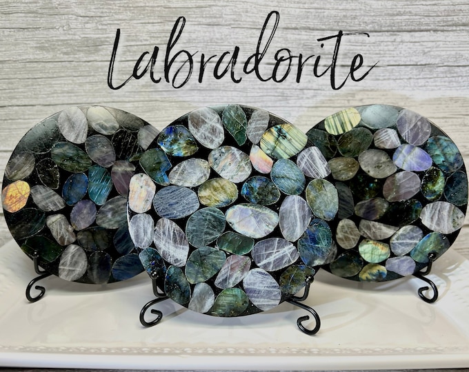 Labradorite Compressed Stones Circular Slab in Resin with Metal Stand, Labradorite Coaster, Flashy Colorful Labradorite