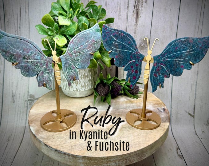 Ruby in Kyanite and Fuchsite Butterfly Wings, UV Reactive Ruby in Kyanite and Fuchsite Butterfly Wings with Custom Metal Stand