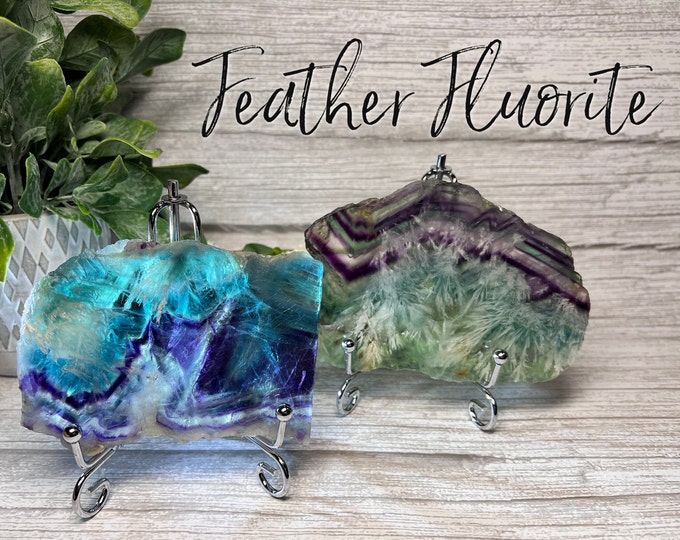 Feather Fluorite Slab, Small Fluorite Slab, Fluorite Crystal Slab with Stand