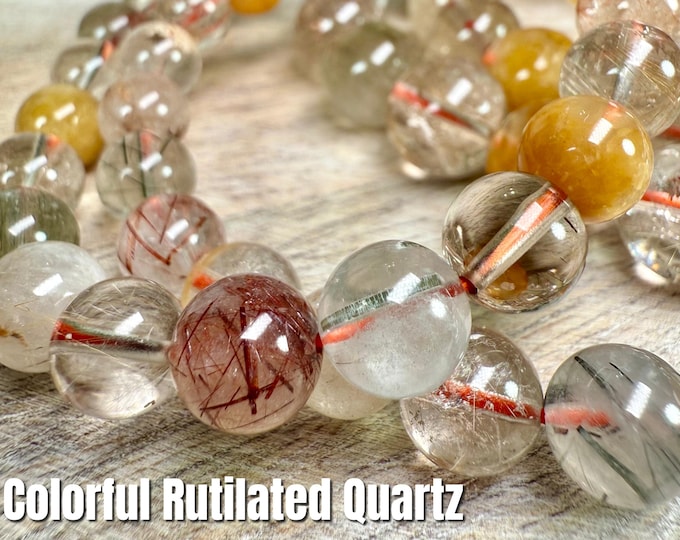 Colorful Rutilated Quartz Bracelet, 8-9mm or 11mm Round Beads, Colorful Rutile Crystal Bracelet, Supports Peace and Tranquility