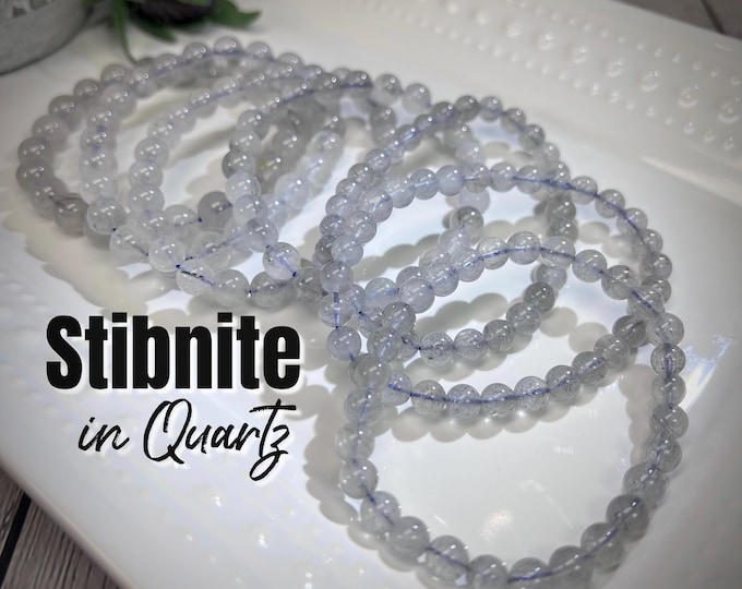 Stibnite in Quartz Bracelet, Stibnite in Quartz Crystal, 6-7mm or 7-8mm or 8-9mm Round Beads, Stone of Transformation