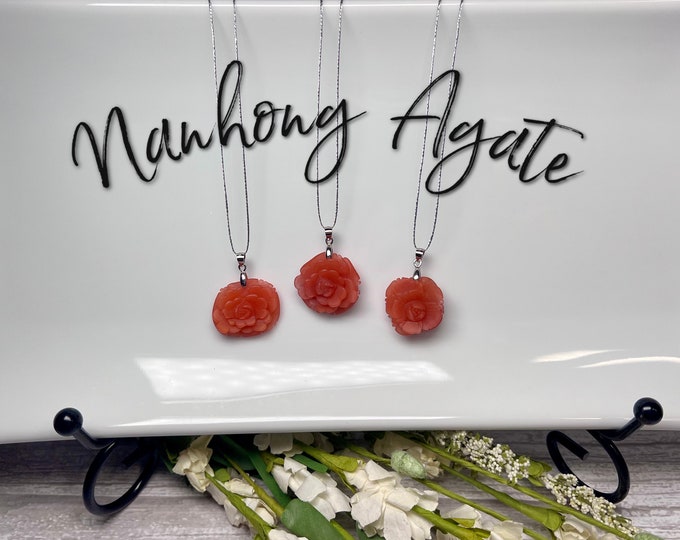Nanhong Red Agate Flower Pendant, South Red Agate Pendant, Crystal Flower Carving Pendant, 925 Sterling Silver Clasp