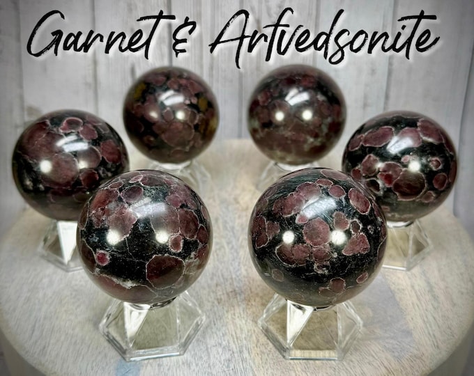 Garnet Sphere, Garnet in Arfvedsonite Sphere, Polished Garnet in Arfvedsonite Sphere, Firework Flash