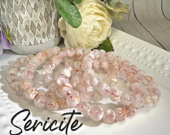 Beautiful Sericite Quartz Bracelet, Pink Snowflake Garden Quartz Bracelet, 9-10mm Round Bead