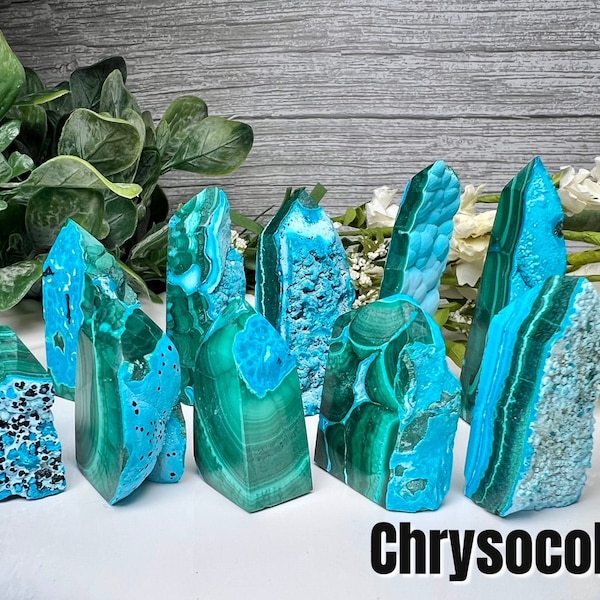 Chrysocolla with Malachite Tower, Chrysocolla Raw Edge Tower, Blue Green Crystal, Small Mini Towers