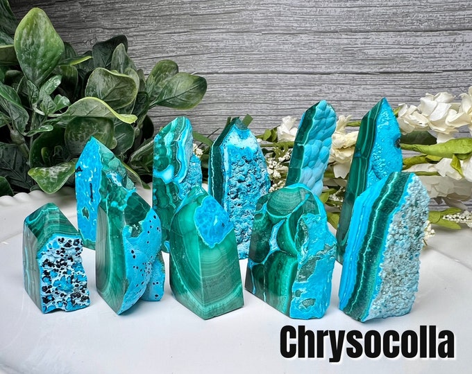 Chrysocolla with Malachite Tower, Chrysocolla Raw Edge Tower, Blue Green Crystal, Small Mini Towers