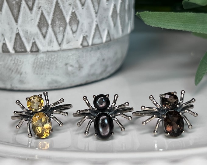 Crystal Spider Shape Ring, Citrine Spider Ring, Hypersthene Spider Ring, Smoky Quartz Spider Ring, 925 Silver Adjustable Band