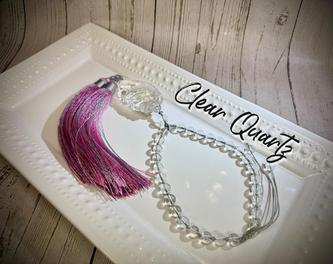 Clear Quartz Hand Mala with Clear Quartz Fish Carving, Hand Mala, Pocket Mala, Travel Mala, Prayer/Meditation Beads