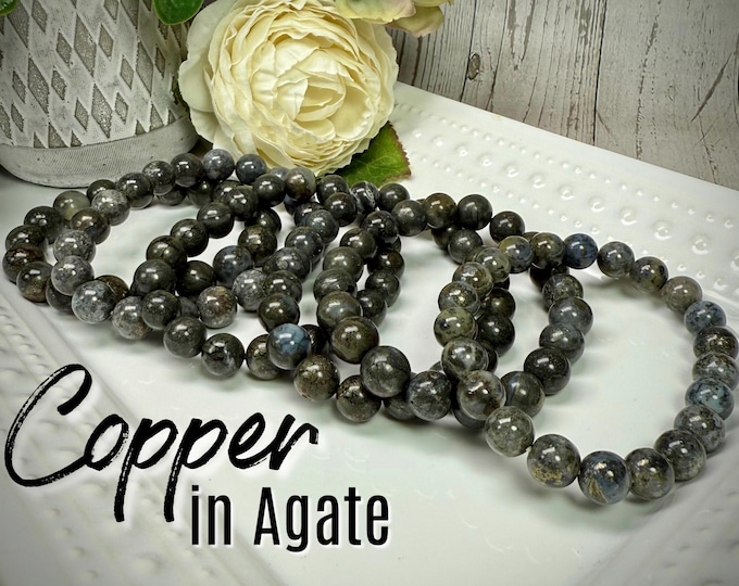 Copper Pyrite in Agate Bracelet, Chalcopyrite in Agate Bracelet, 8-9mm or 9-10mm or 10-11 Round Beads, Abundance - Prosperity - Protection
