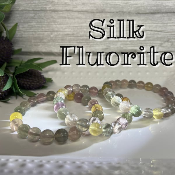 Colorful Silk Fluorite Bracelet, Light Pastel Colors Silk Fluorite Bracelet, Round Beads 9-10mm