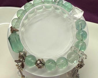 Green Fluorite DIY Crystal Bracelet with Bird, Lotus Flower and Rose Charms (LLB100)