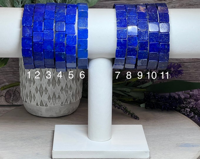 Beautiful Blue Lapis Lazuli Square Bead Bracelet, Lapis Lazuli with Pyrite, Stretchy Bangle Bracelet