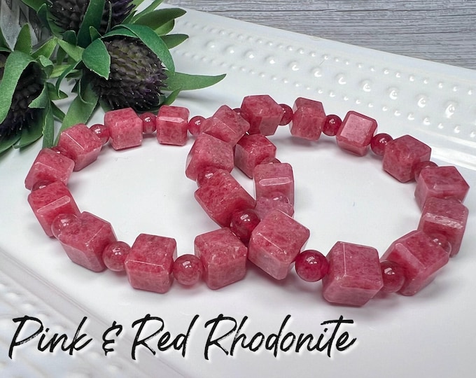 Pink and Red Rhodonite Bracelet, Rhodonite 10mm Cube Bracelet, Gemmy Rhodonite Bracelet, 7mm Round Beads, Calming - Heart Chakra