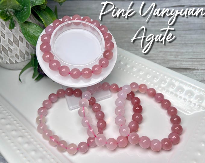 Pink Yanyuan Agate Bracelet, Pink Yan Yuan Agate Bracelet, Gradient Pink 10mm Beads, Stretchy Bracelet