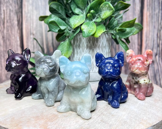 French Bulldog Crystal Carving, Crystal French Bulldog Statue, Fluorite - Labradorite - Blue Aventurine - Sky Blue Jade - Plum Blossom Jade
