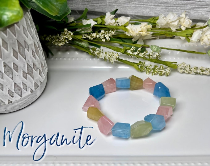 Unique Morganite Bracelet, Beryl Morganite Aquamarine, Large Freeform Bead Bracelet, Stretchy Bracelet