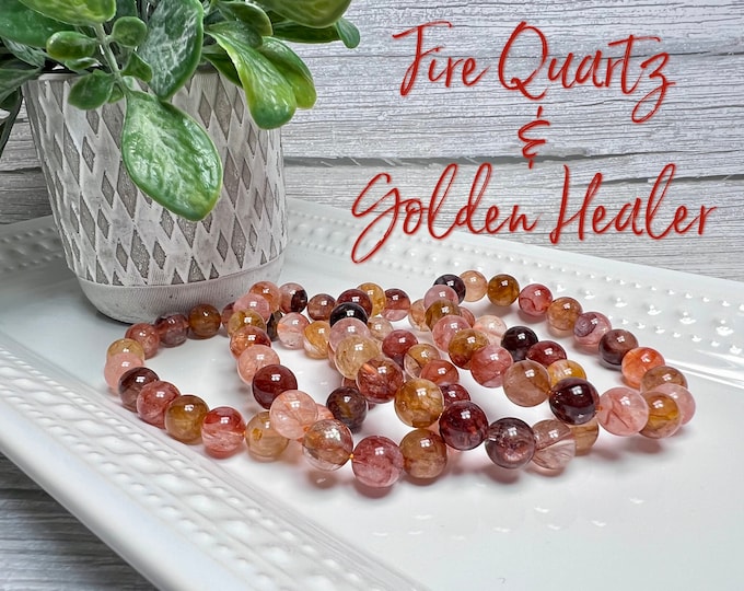 Fire Quartz and Golden Healer Bracelet, Golden Healer, Fire Quartz, Rainbow Inclusions, Large Round Beads