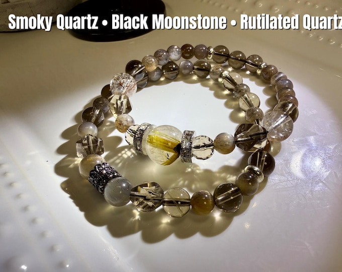 Beautiful Smoky Quartz and Black Moonstone Bracelets, Titanium and Rutilated Quartz Accent Beads, DIY Double Crystal Bracelet (LLB22)