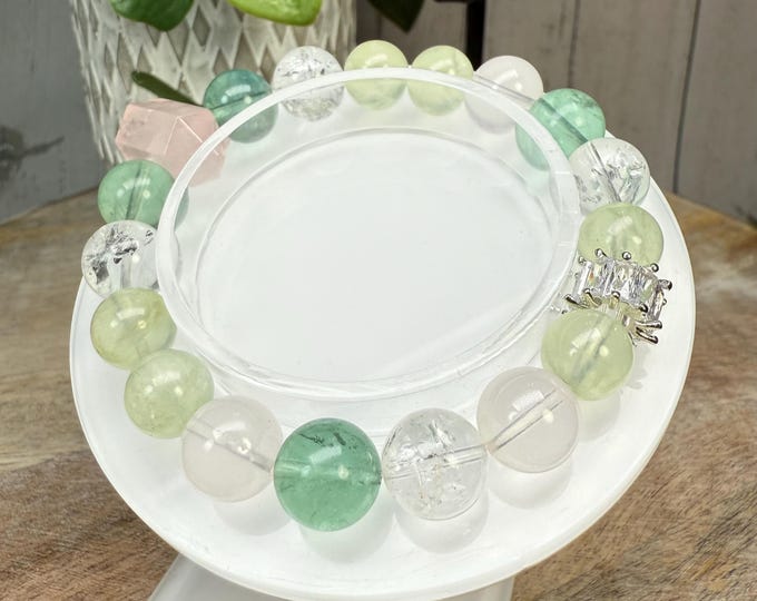 Golden Prehnite + Green Fluorite + Star Rose Quartz + Azeztulite + Rose Quartz DT Crystal Bracelet, DIY Crystal Bracelet (LLB36)