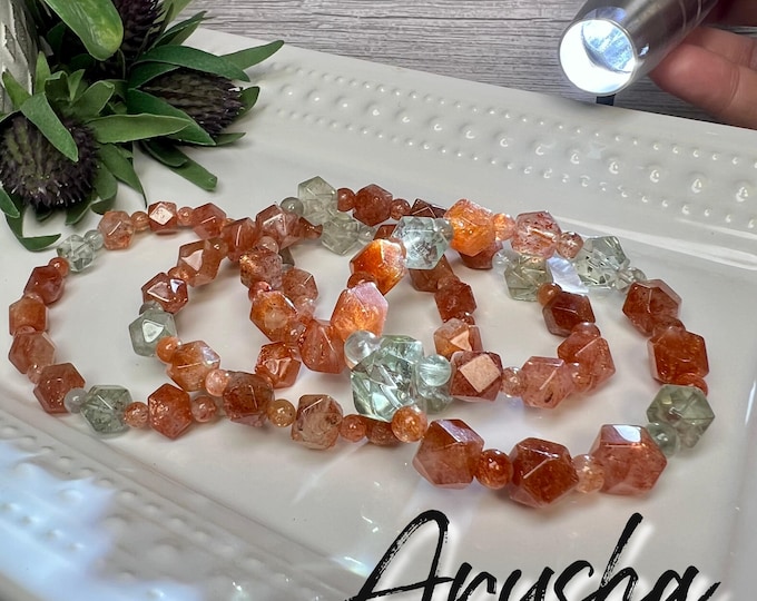 Glittery Arusha Sunstone Bracelet, Arusha Sunstone, Green Beryl, Faceted Cube Bead Bracelet, Rainbow Confetti Sparkles (2)