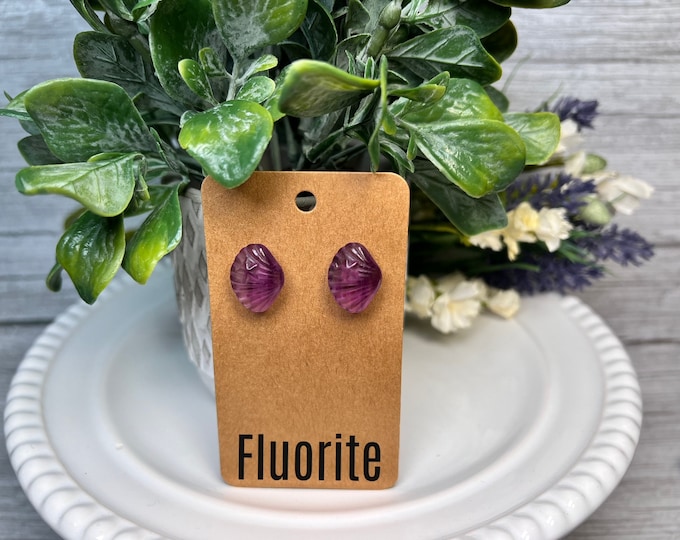 Fluorite Shell Earrings, Purple Fluorite Earrings, Fluorite Jewelry, 925 Silver Post & Backs