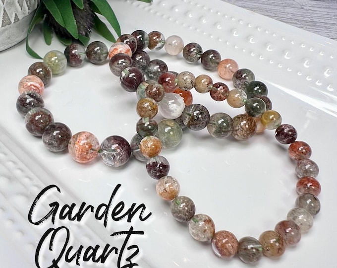 Colorful Garden Quartz Bracelet, Inclusion Quartz, Lodolite, 7mm 10mm or 11mm Round Beads, Four Seasons Garden Quartz Crystal Bracelet