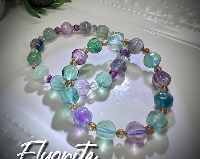 Colorful Fluorite Bracelet, Blue Green Purple Fluorite, 10mm Round Fluorite Beads, Crystal Bracelet